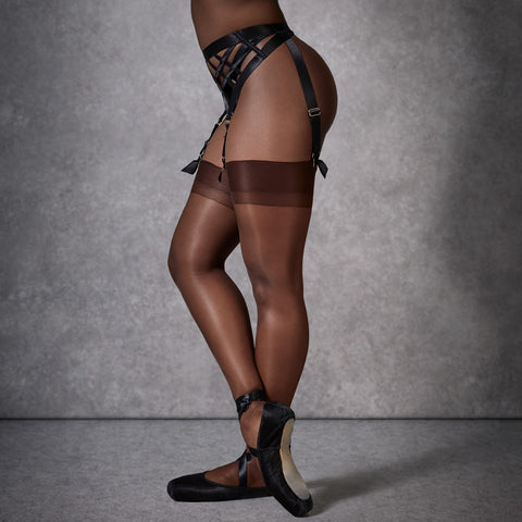 Model wears the Plain Leg Plain Top Hold Ups in Berry. These sheer hold up plain stockings are perfect as bridal hold ups, in a dark tan colour stocking.
